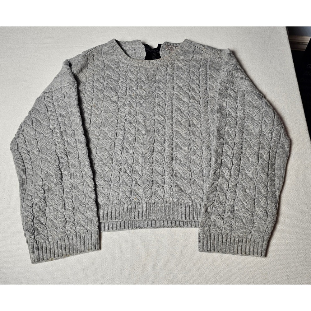 J.Crew Womens Gray Cable Knit Lambswool Blend Sweater Velvet Bow Back Size M